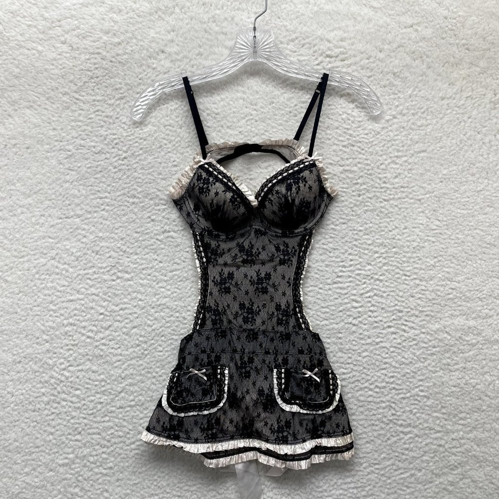 Victoria's Secret One Piece Lingerie 34B S Black Lace Sexy Gothic Lolita Maid